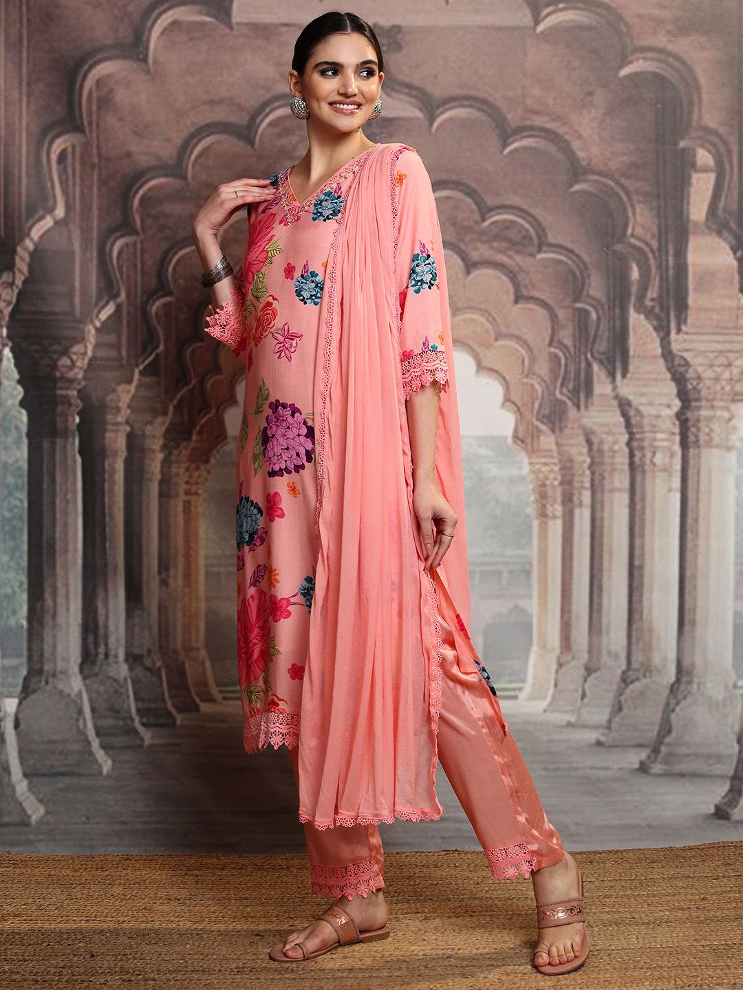 Vishudh Floral Printed Regular Beads and Stones Kurta with Trouser & Dupatta