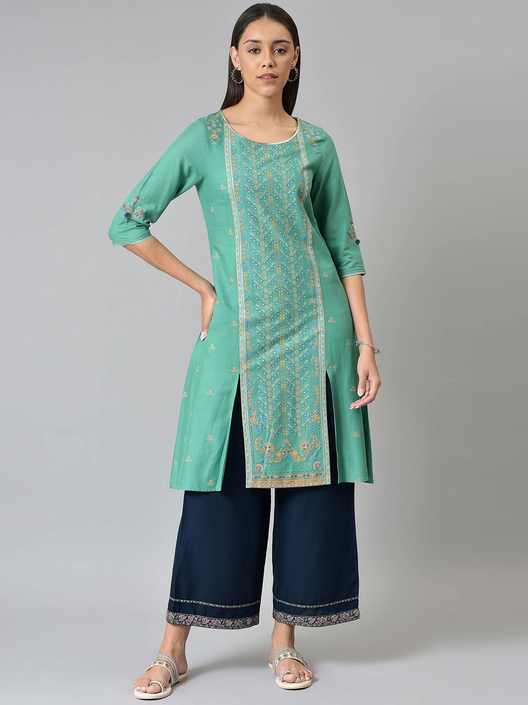 W Festive Floral Print Rayon Straight Kurta