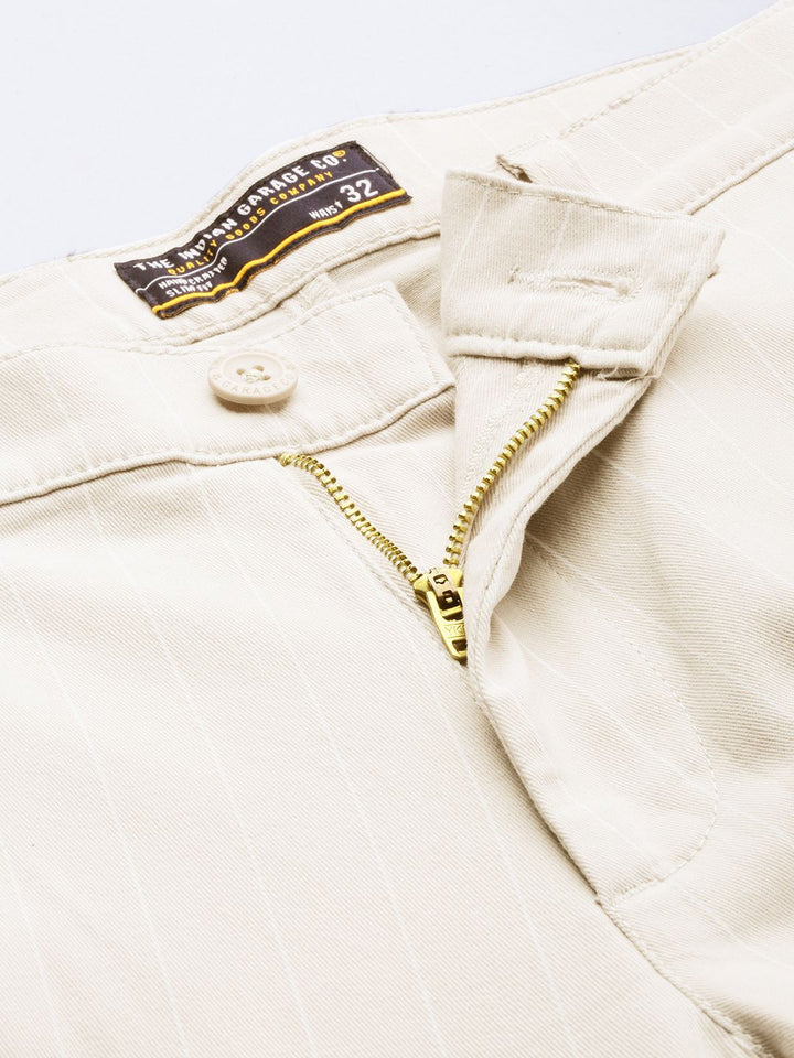 The Indian Garage Co Men Beige Striped Slim Fit Trousers