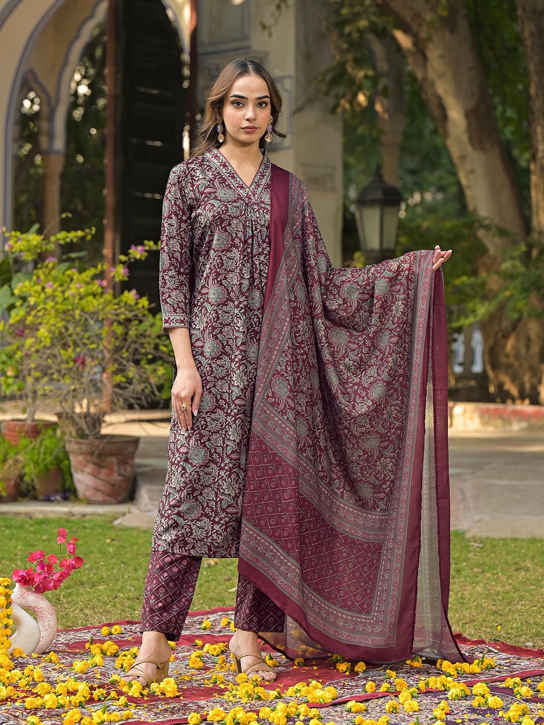 KALINI Floral Printed Pleated Kurta with Trouser & Dupatta