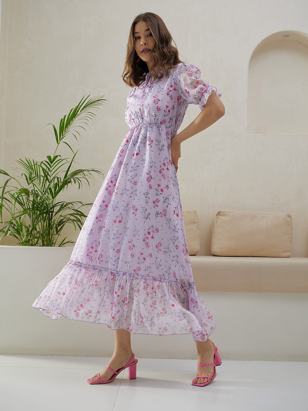 Berrylush Purple Floral Printed Tie-Up Neck Puff Sleeves Gathered A-Line Midi Dress