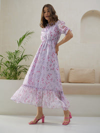 Berrylush Purple Floral Printed Tie-Up Neck Puff Sleeves Gathered A-Line Midi Dress