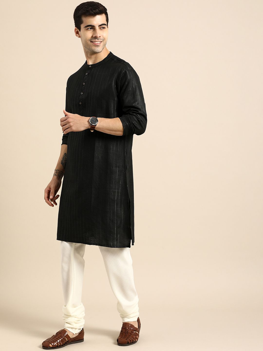 Anouk Men Black Striped Straight Kurta