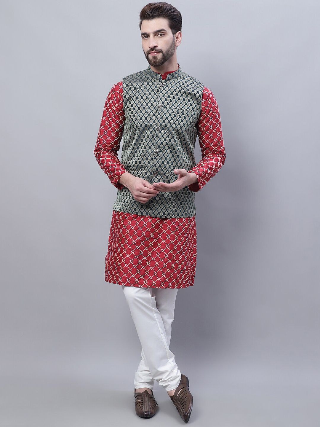 SOJANYA Kurta Bercetak Motif Etnik Dengan Baju Tidur & Jaket Nehru