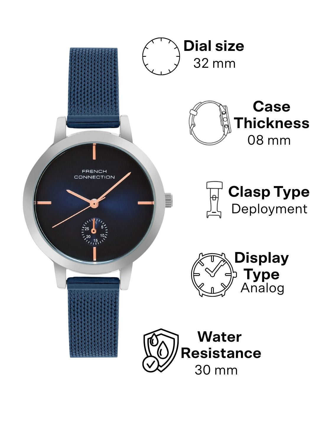 French Connection Women Embellished Dial & Stainless Steel Bracelet Style Straps Analogue Watch FCB8UM