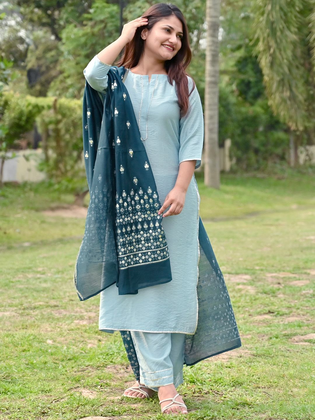 Libas Women Blue Chanderi Silk Gotta Patti Kurta with Palazzos & Dupatta