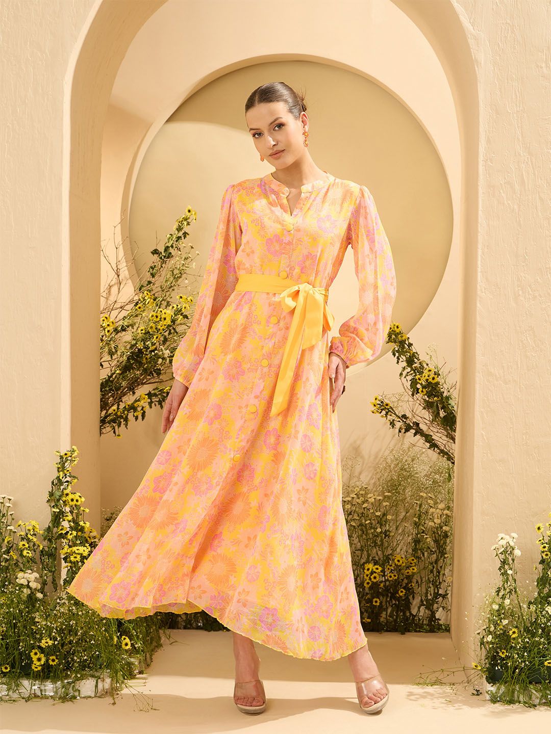 Antheaa Layered Women Floral Printed Mandarin Collar Midi Fit & Flare Dress