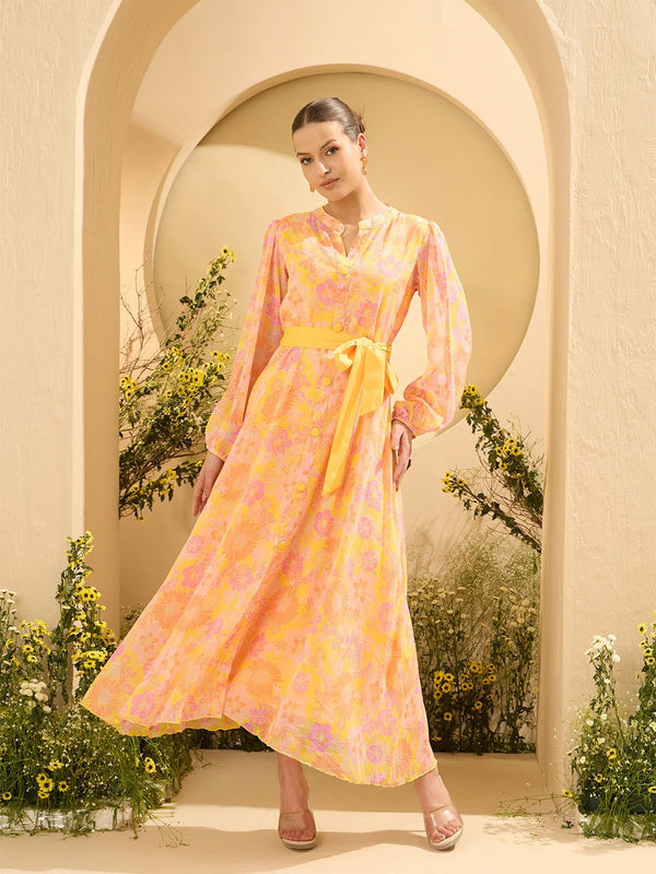 Antheaa Layered Women Floral Printed Mandarin Collar Midi Fit & Flare Dress