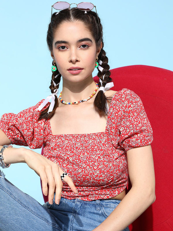 Berrylush Floral Print Puff Sleeve Crepe Crop Top