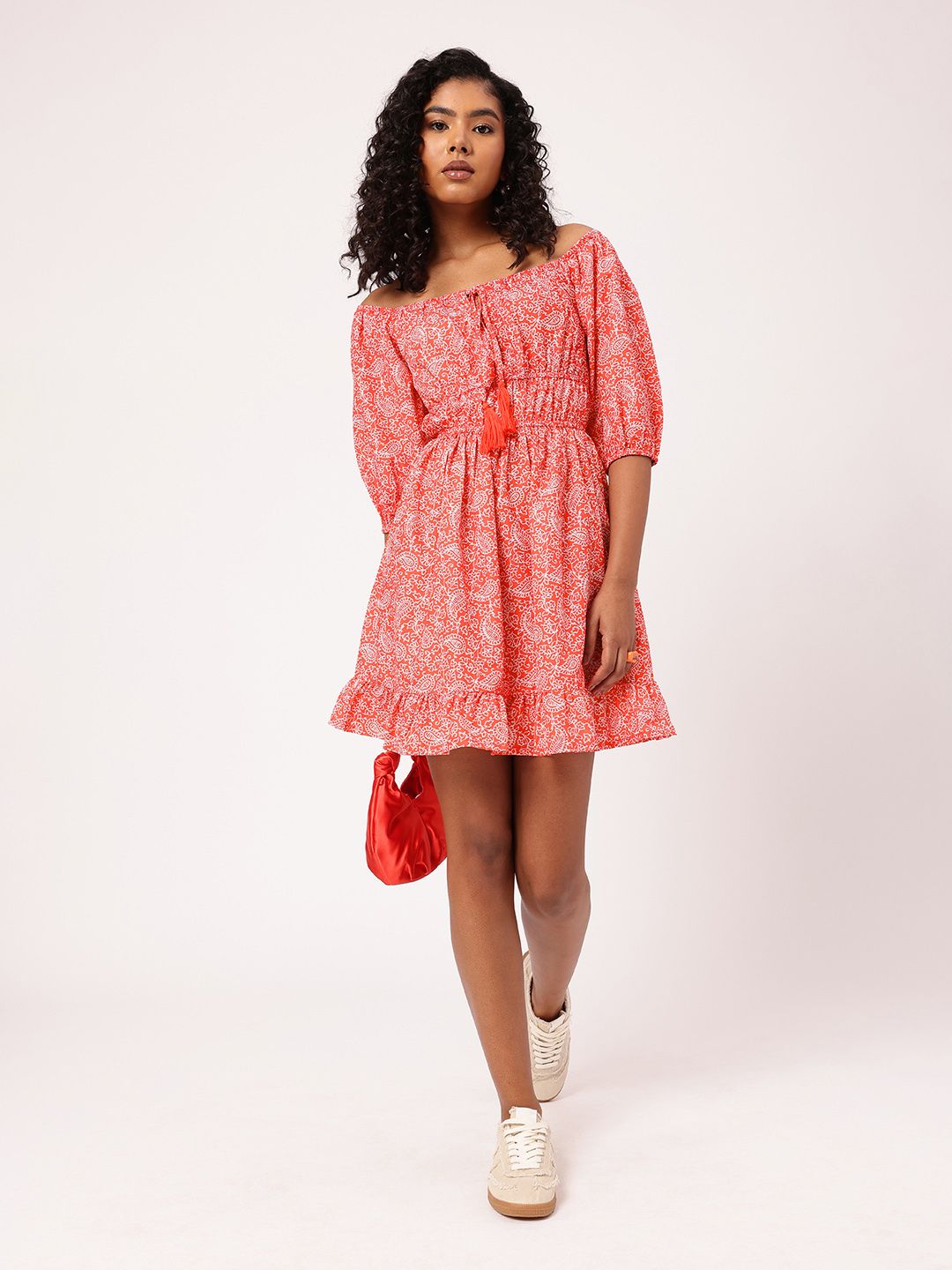 DressBerry Paisley Perfection Printed Cinched Waist Off-Shoulder A-line Mini Dress