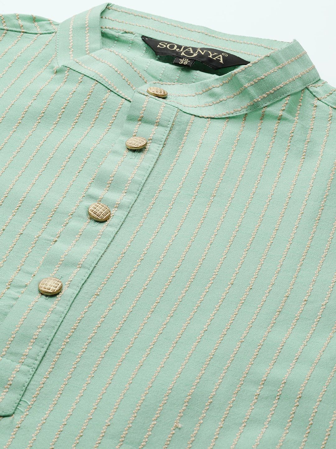 SOJANYA Men Sea Green & Beige Striped Thread Work Straight Kurta Churidar & Nehru Jacket