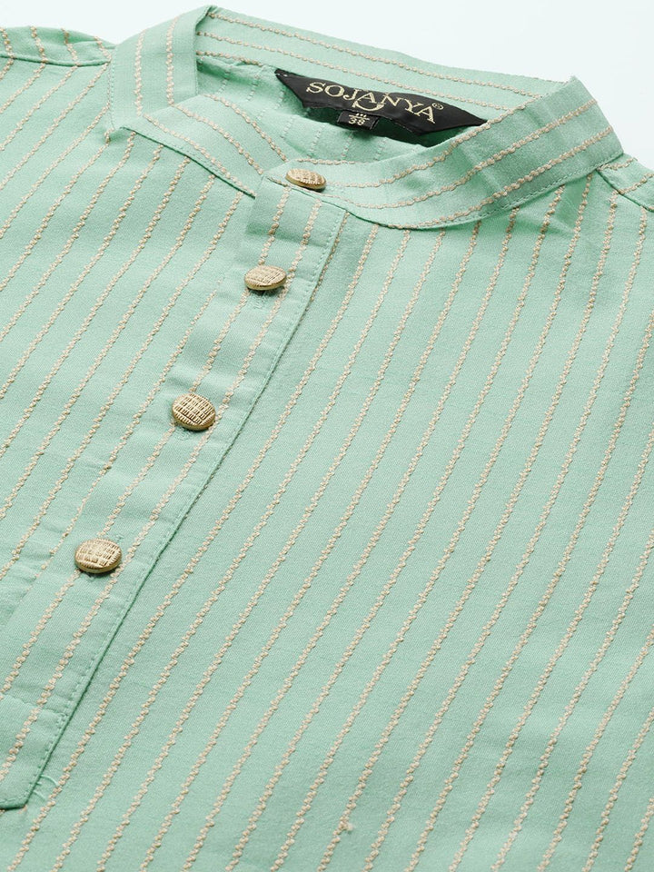 SOJANYA Lelaki Benang Hijau Laut & Beige Berjalur Bekerja Lurus Kurta Churidar & Jaket Nehru