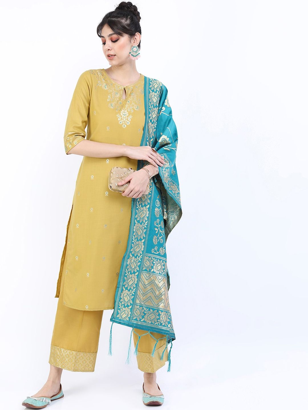 Vishudh Women Yellow Ethnic Motifs Embroidered Kurta with Palazzos & With Dupatta