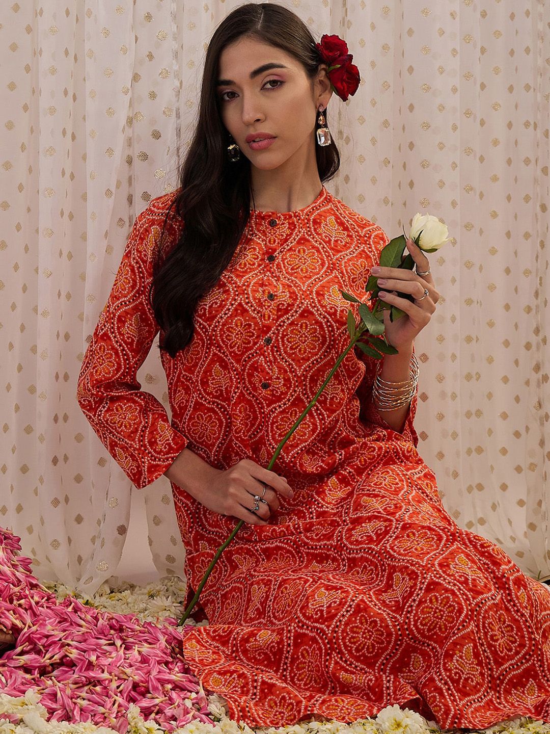 Indo Era Orange Ethnic Motifs Printed Round Neck Straight Kurta