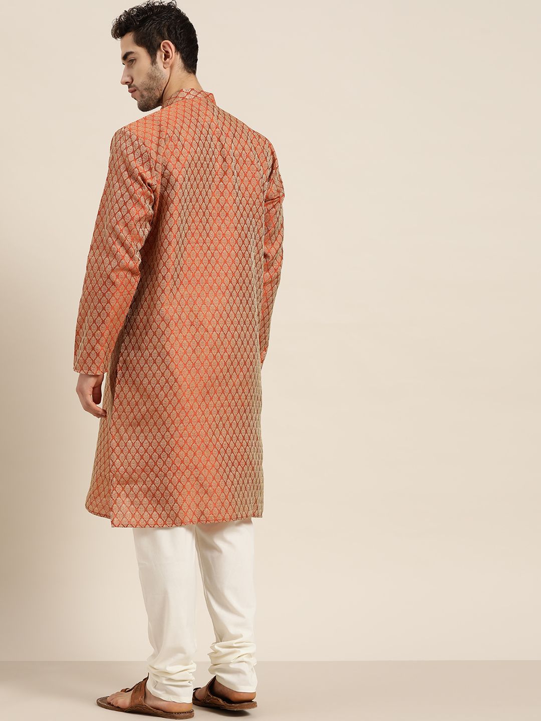Sojanya Men Rust Orange & Cream-coloured Jacquard Woven Design Kurta With Churidar