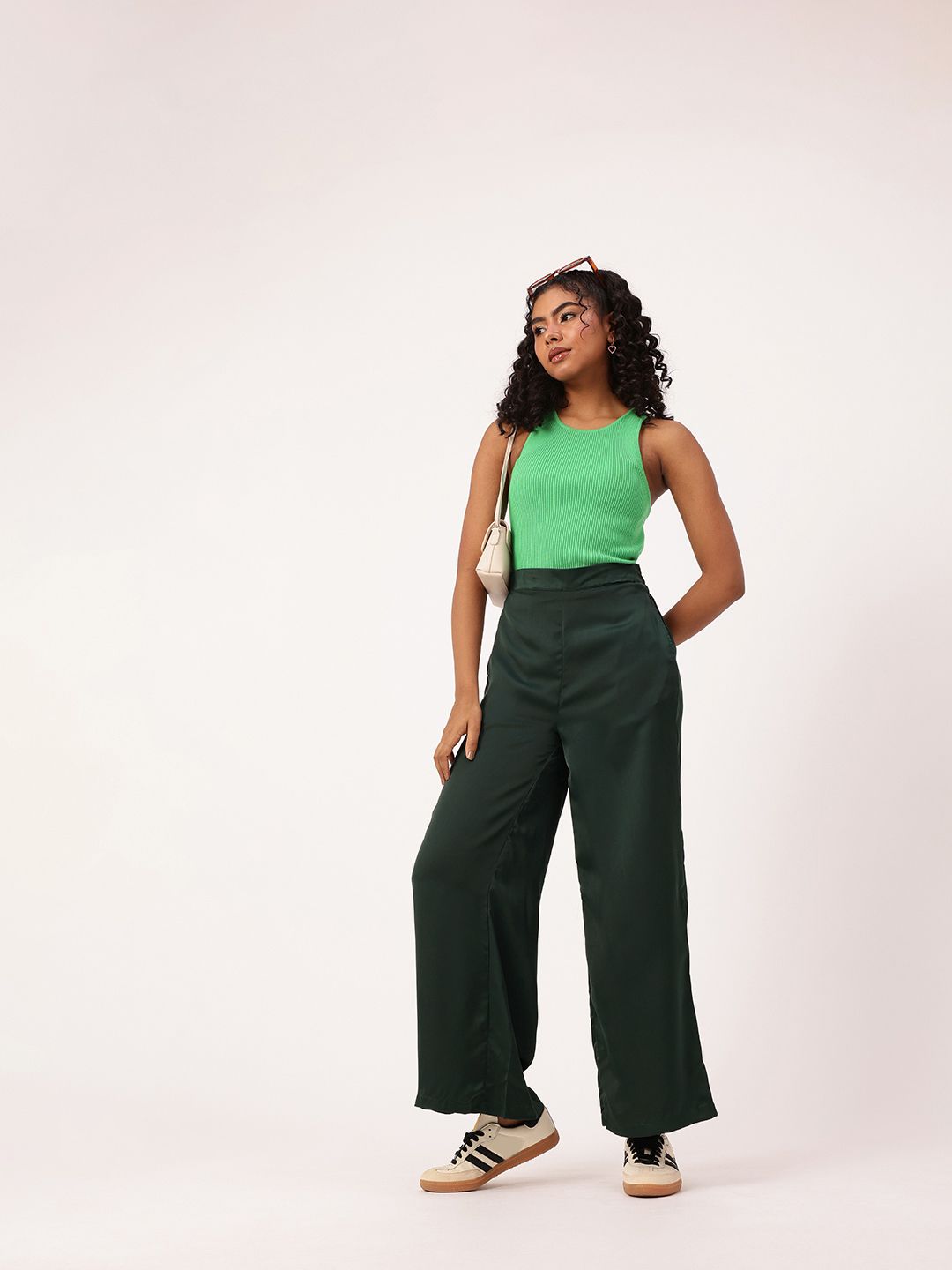 DressBerry Women Urban K-Twist Vibes Flared High-Rise Satin Finish Parallel Trousers