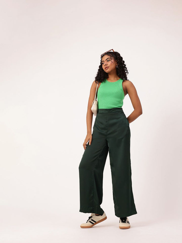 DressBerry Women Urban K-Twist Vibes Flared High-Rise Satin Finish Parallel Trousers
