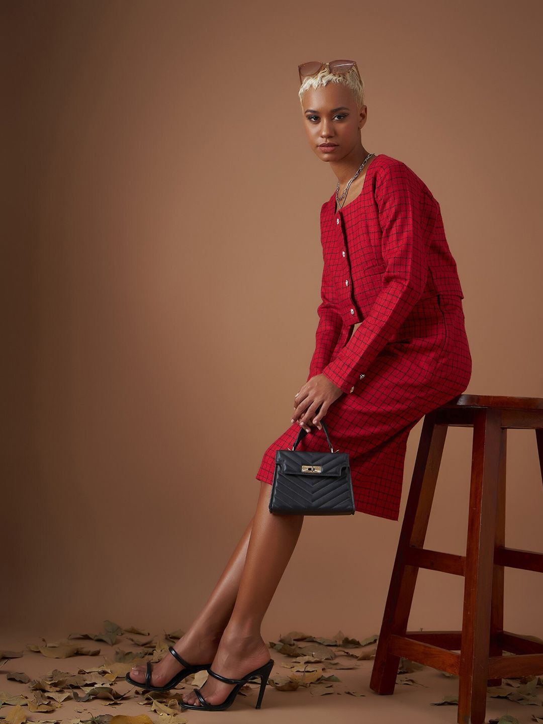 SASSAFRAS Checked Square Neck Jacquard Shirt Style Crop Top