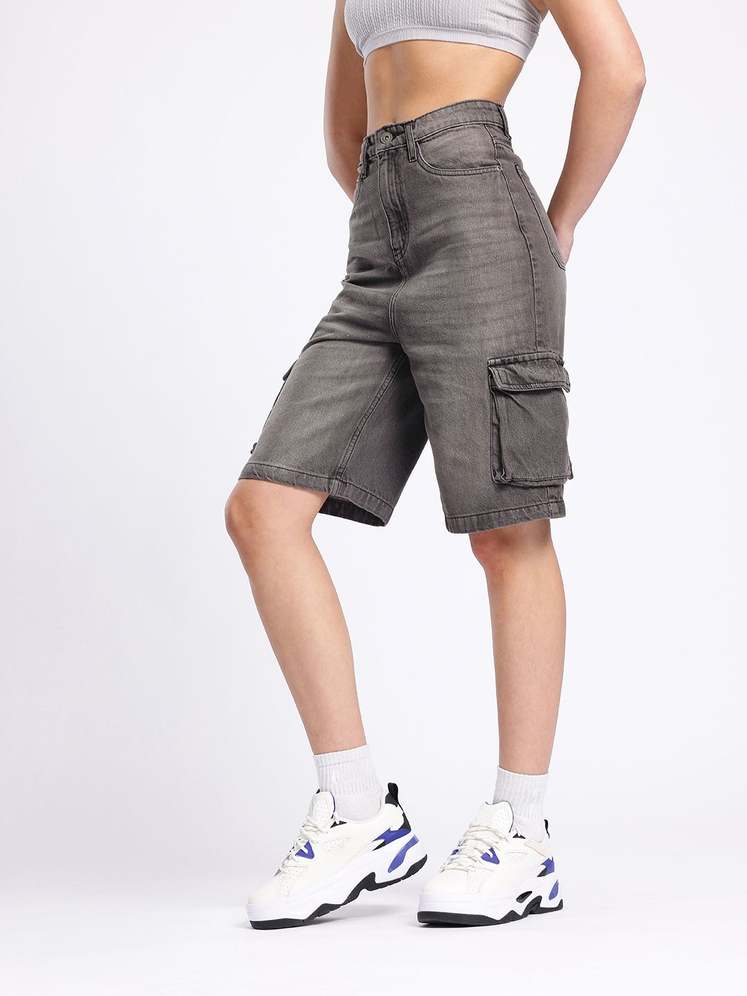 DressBerry Women Urban Cool Washed High-Rise Cargo Denim Shorts