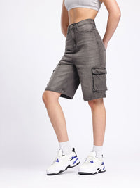 DressBerry Women Urban Cool Washed High-Rise Cargo Denim Shorts