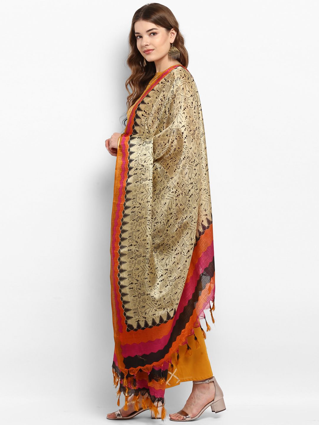 Saree mall Cream-Coloured & Pink Printed Dupatta