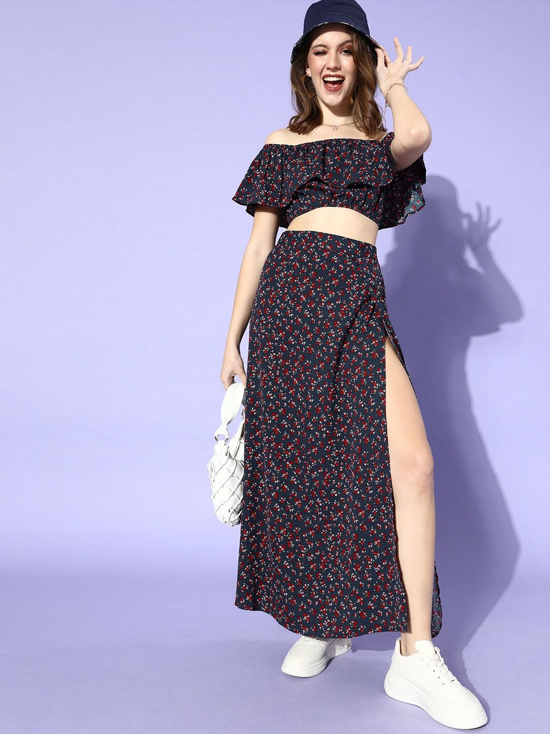 Berrylush Women Deep Navy Blue Floral Co-ords Dress