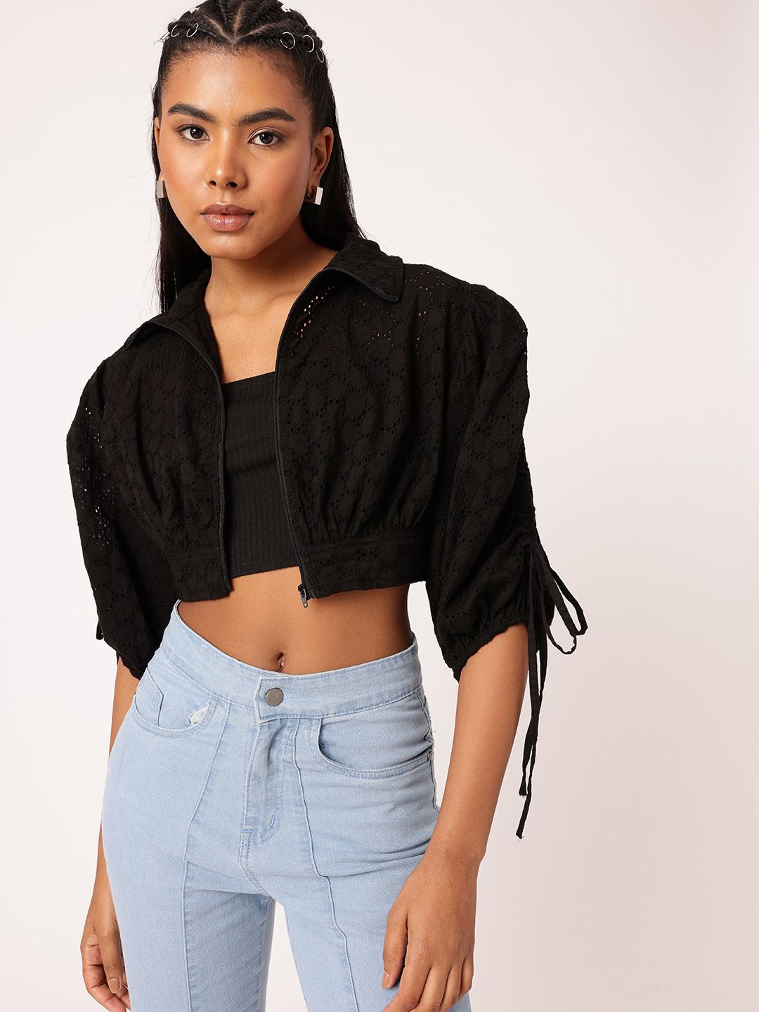DressBerry Edgy Chic With Schiffli Puff Sleeve Shirt Style Crop Top