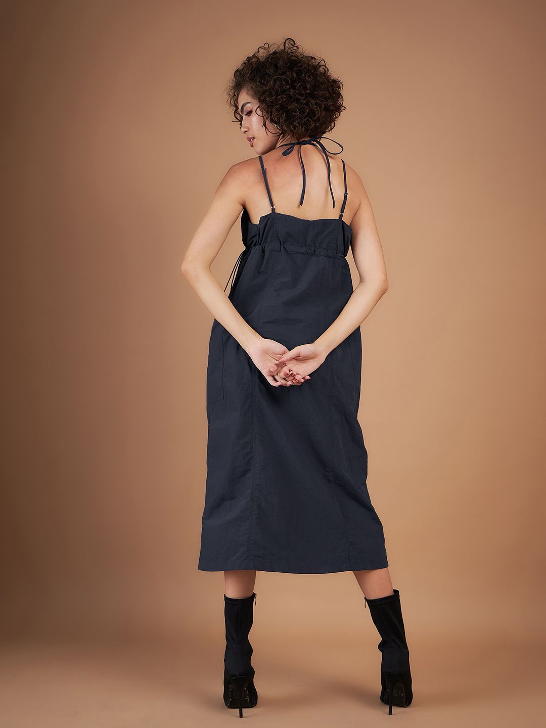 SASSAFRAS Navy Blue Shoulder Straps Empire Parachute Midi Dress