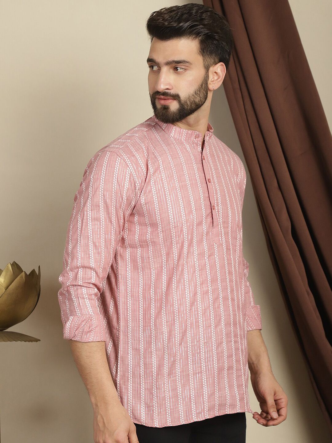 Kurta Kerja Benang Kapas Berjalur Anouk Kolar Mandarin Lengan Panjang