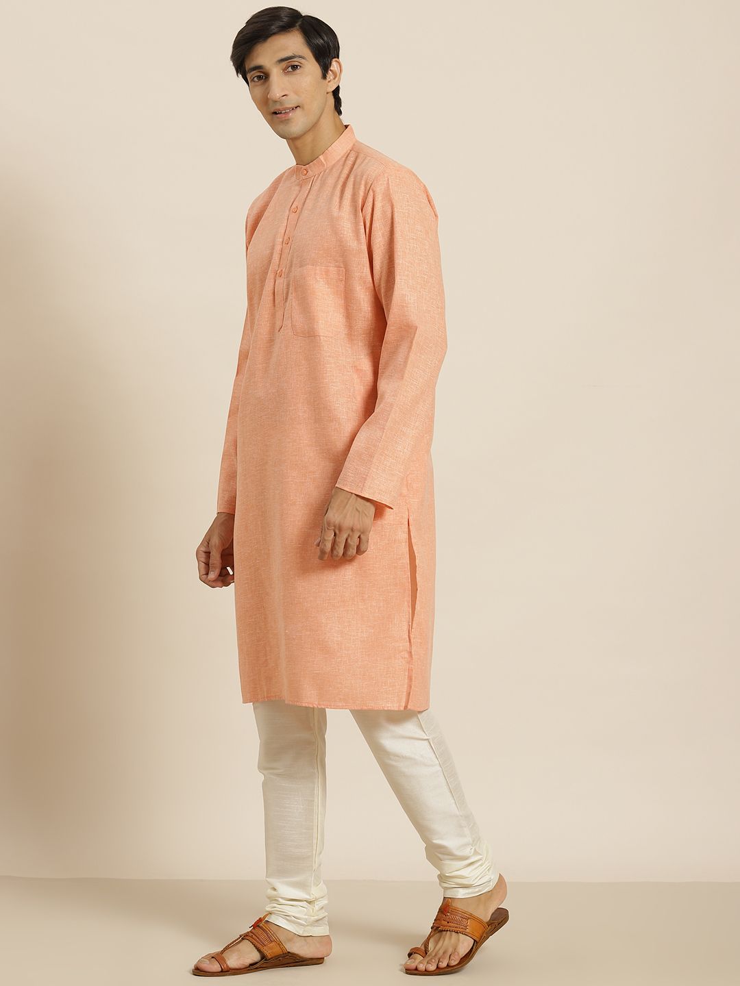 SOJANYA Men Orange Cotton Linen Straight Kurta