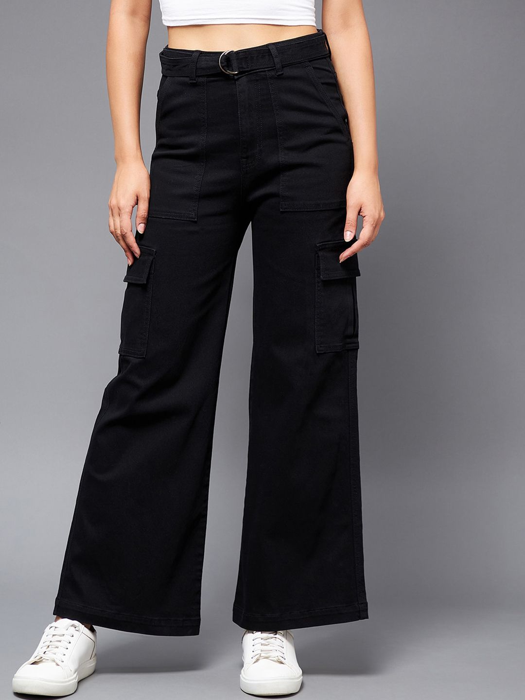 Miss Chase Women Black Lebar Kaki High-Rise Regangan Tinggi