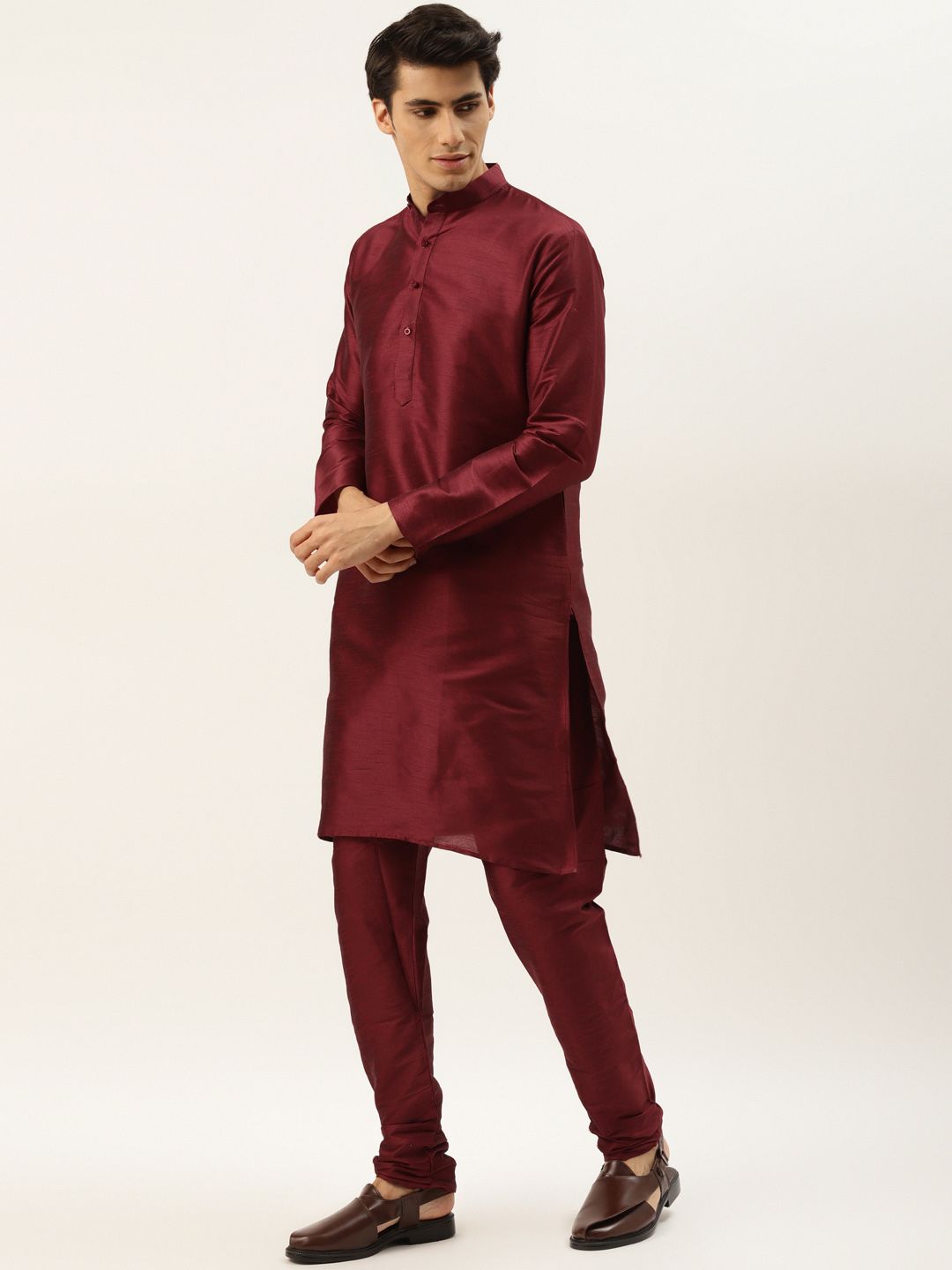 SOJANYA Men Maroon Kurta with Churidar & Nehru Jacket