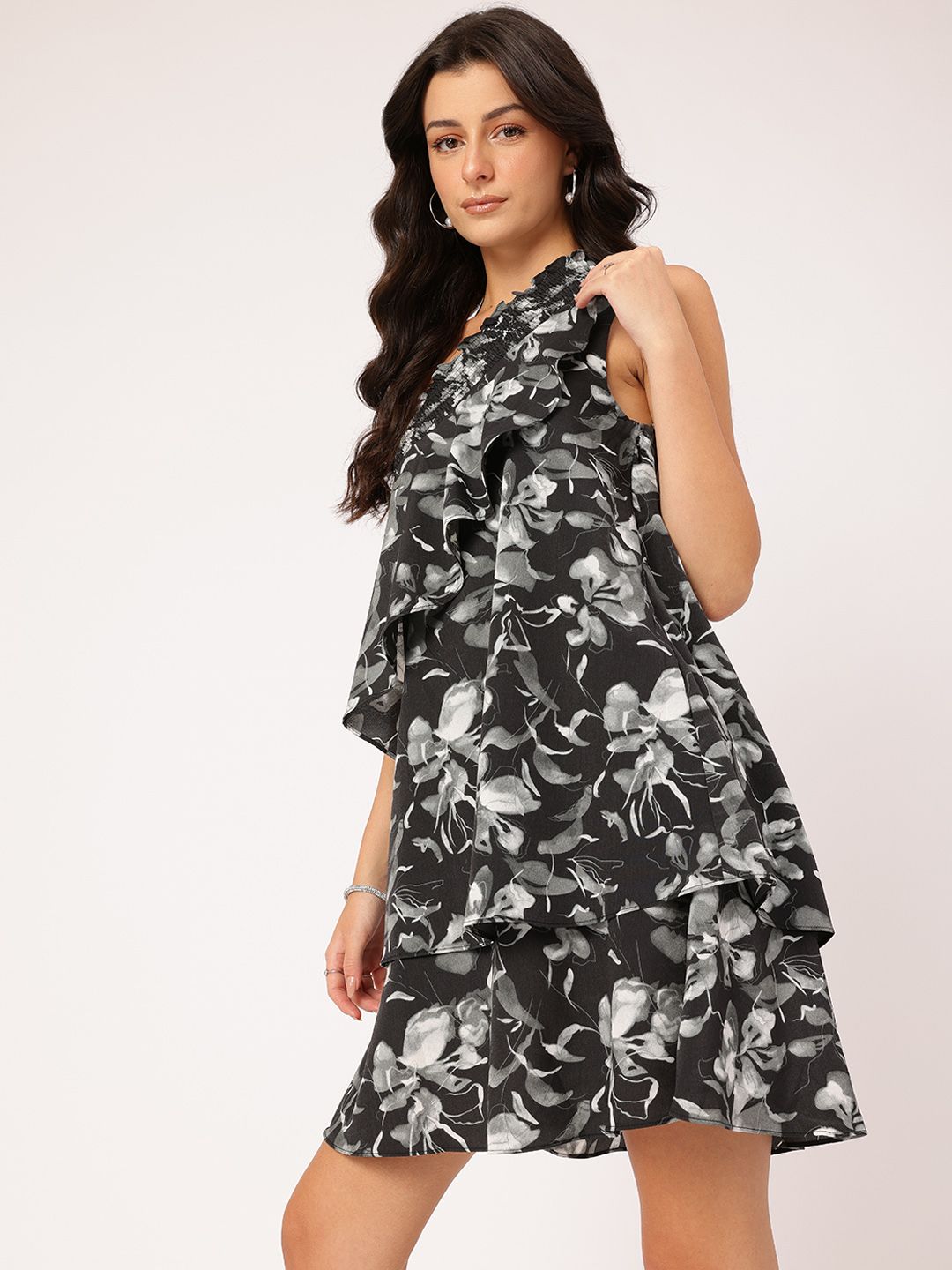 DressBerry Confident Cutie Floral Printed One-Shoulder Monochrome Layered Mini Dress