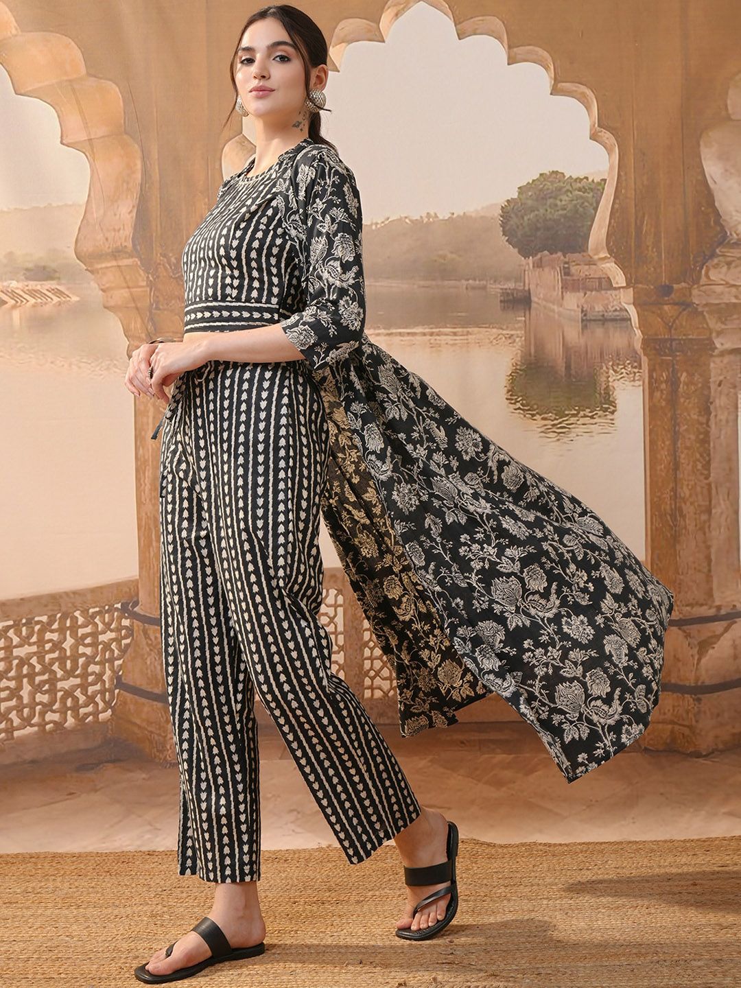 Vishudh Black Printed Top With Trousers & Shrug