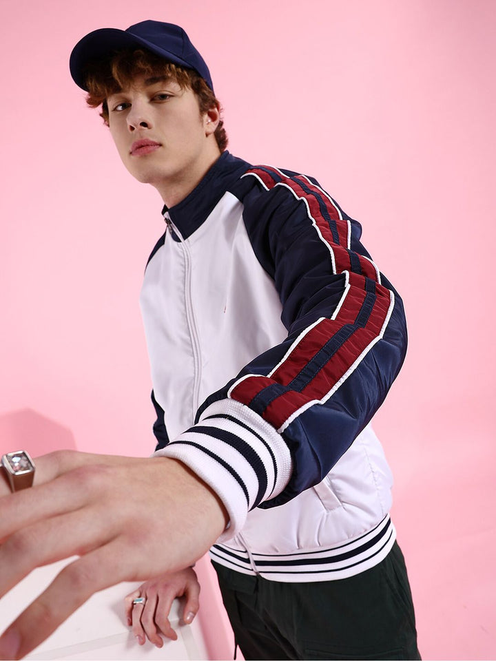 The Indian Garage Co Men White Striped Crop Outdoor Bomber with Embroidered Jacket