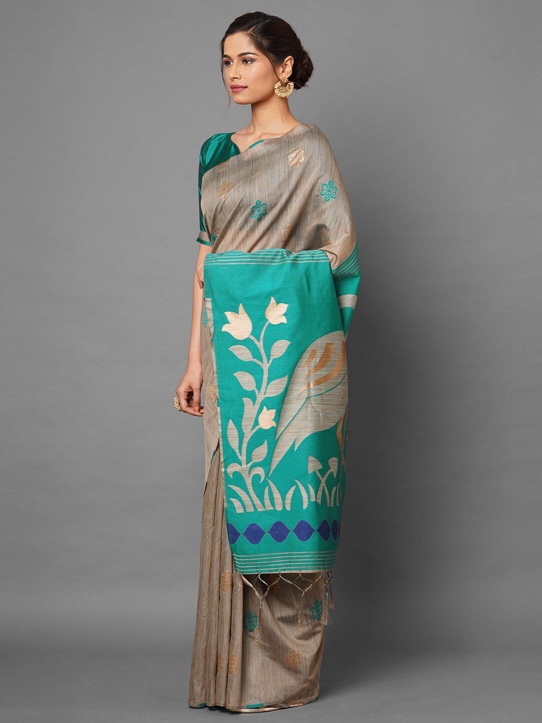 Saree mall Beige & Sea Green Ethnic Motifs Silk Cotton Banarasi Saree