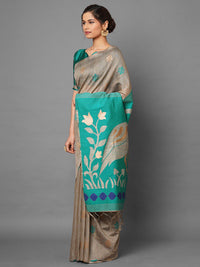Saree mall Beige & Sea Green Ethnic Motifs Silk Cotton Banarasi Saree