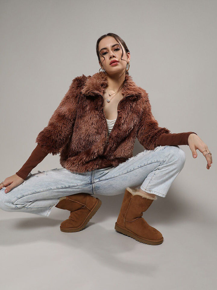 Campus Sutra Brown Mock Collar Windcheater Faux Fur Tailored Jacket