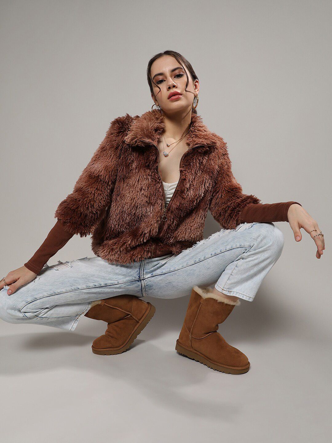 Campus Sutra Brown Mock Collar Windcheater Faux Fur Tailored Jacket