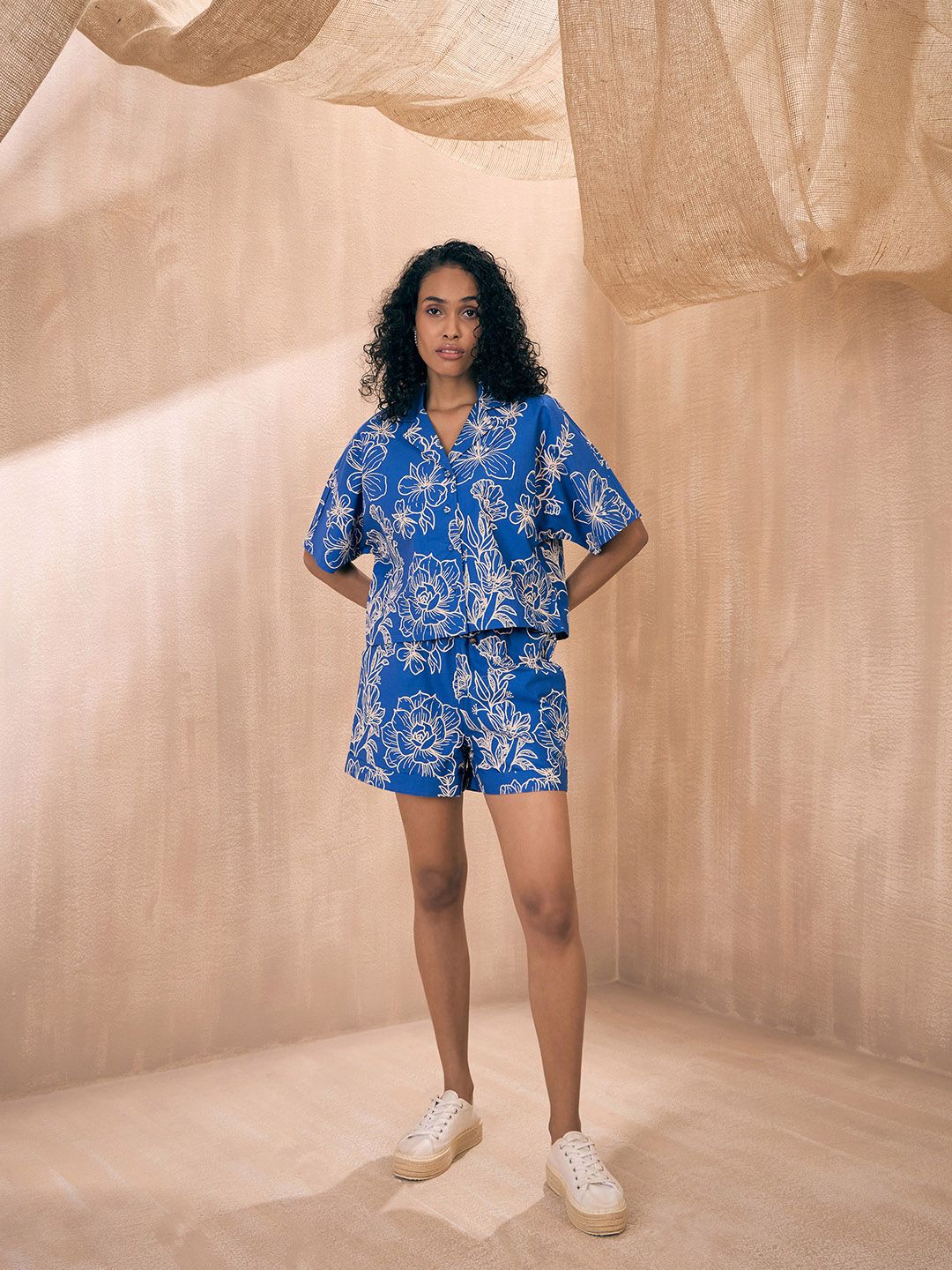 Pink Paprika by SASSAFRAS Blue Floral Printed Pure Cotton Shirt With Shorts Co-Ords
