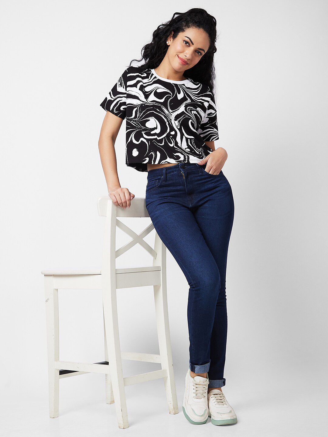 SPYKAR Abstract Printed Round Neck Half Sleeves Cotton Boxy T-shirt
