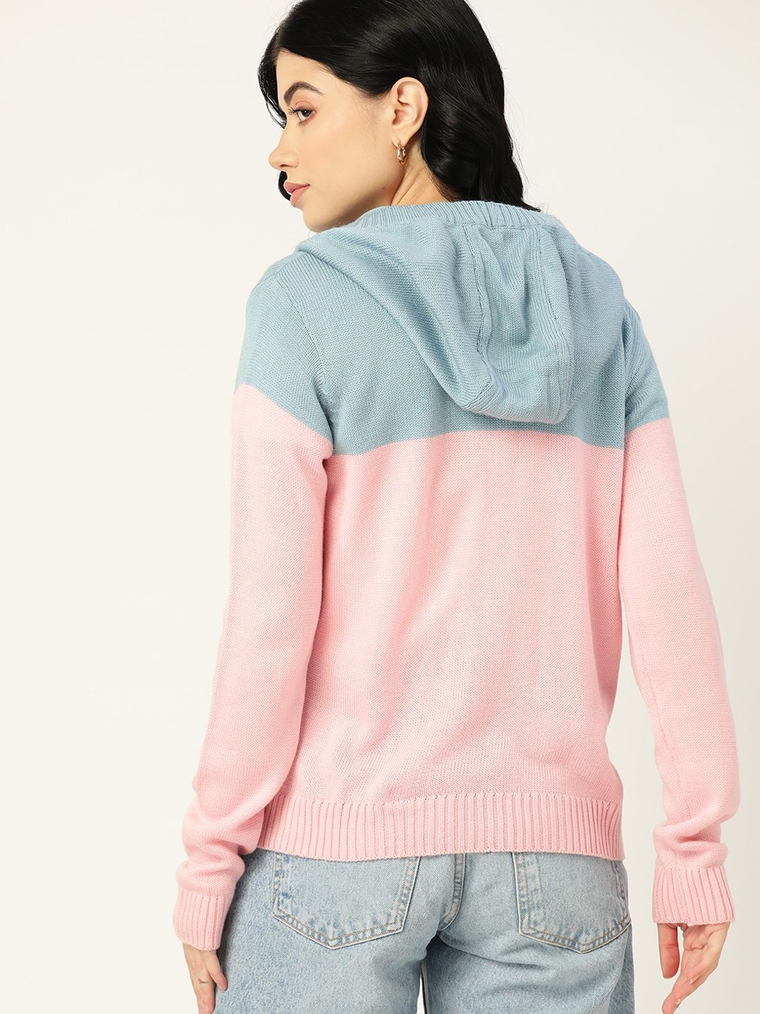 DressBerry Women Blue & Pink Pure Acrylic Colourblocked Hooded Cardigan