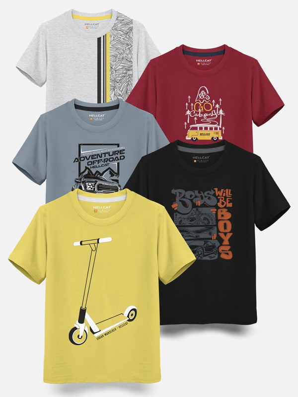 HELLCAT Boys Pack Of 5 Graphic Printed Cotton T-shirt
