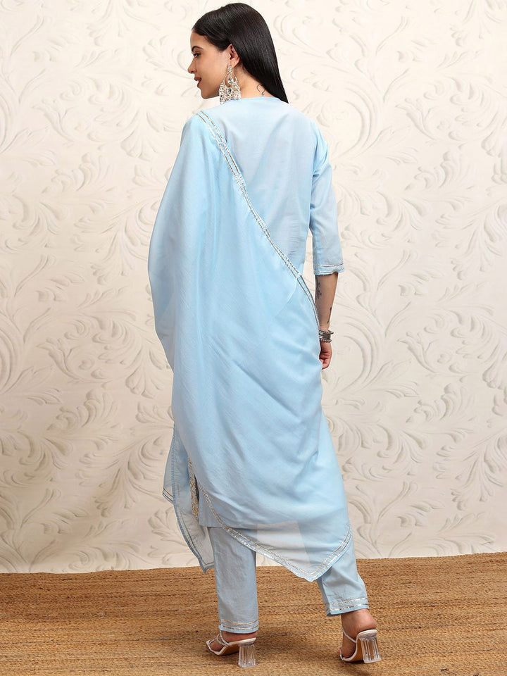 Vishudh Blue Embroidered Gotta Patti Pure Cotton Straight Kurta With Trousers & Dupatta