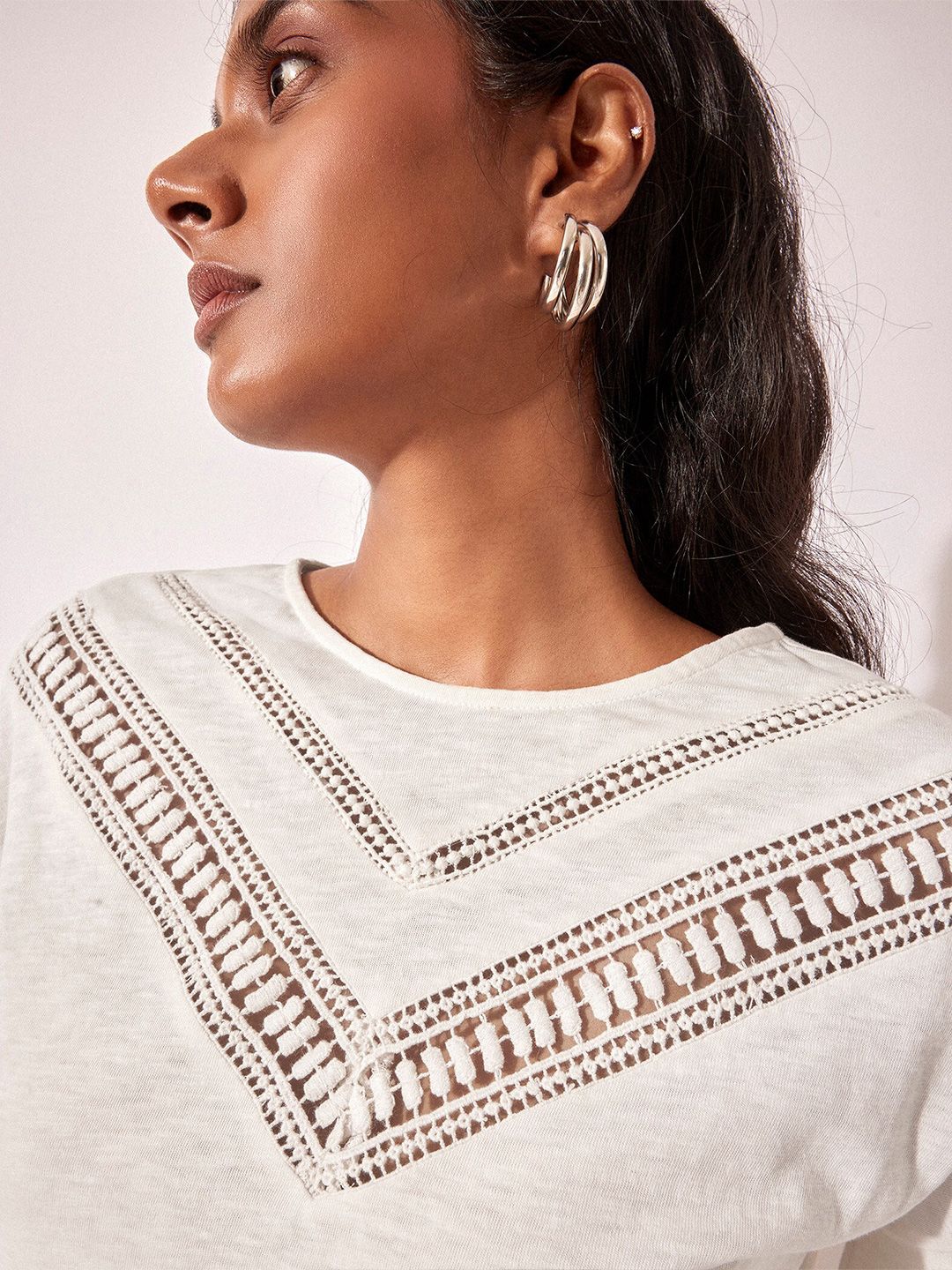 The Label Life Self Design Round Neck Extended Sleeves Cotton Regular Top