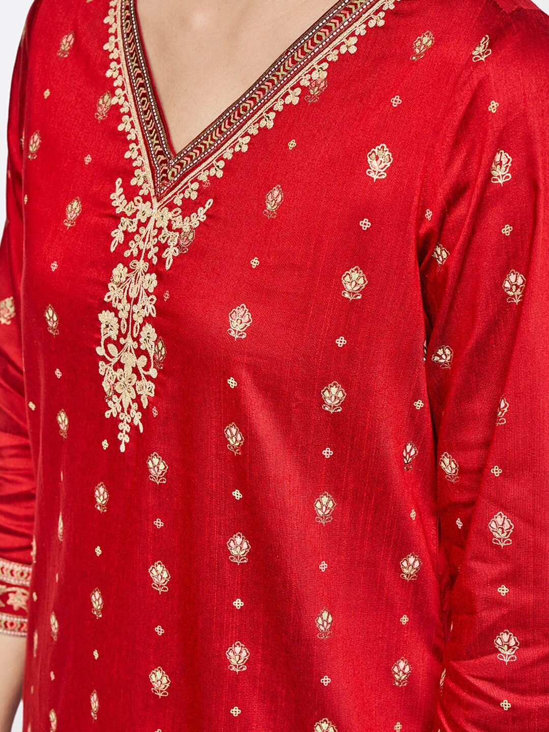 Global Desi Women Red & Gold-Toned Ethnic Motifs Thread Work Kurta