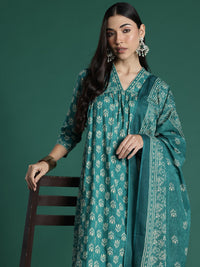Indo Era Women Floral Printed Empire Pure Cotton Kurta with Trousers & With Dupatta