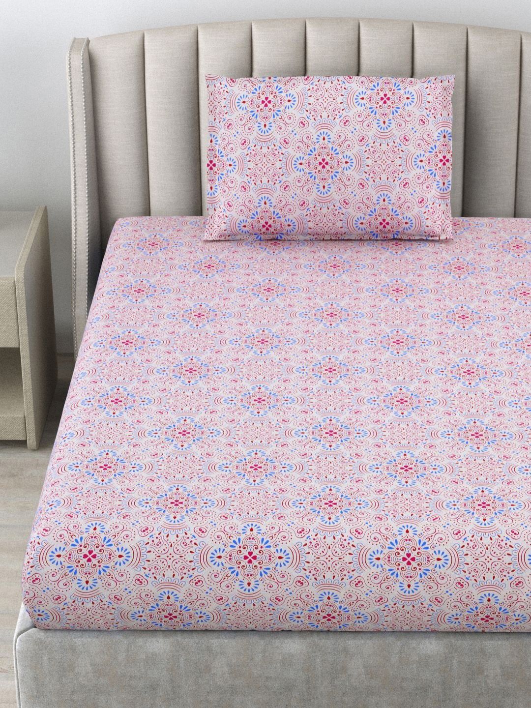 BOMBAY DYEING Pink & White Floral Pure Cotton 120 TC Single Bedsheet Set 1.50 x 2.24 Mts
