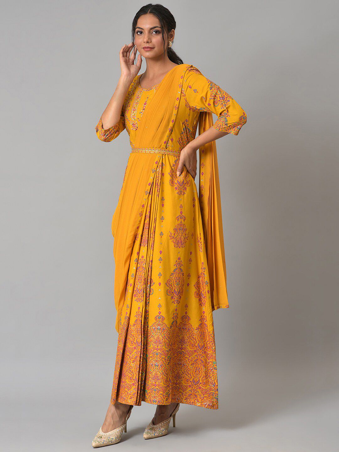 W Women Yellow Ethnic Motifs Printed Ethnic Maxi Dress