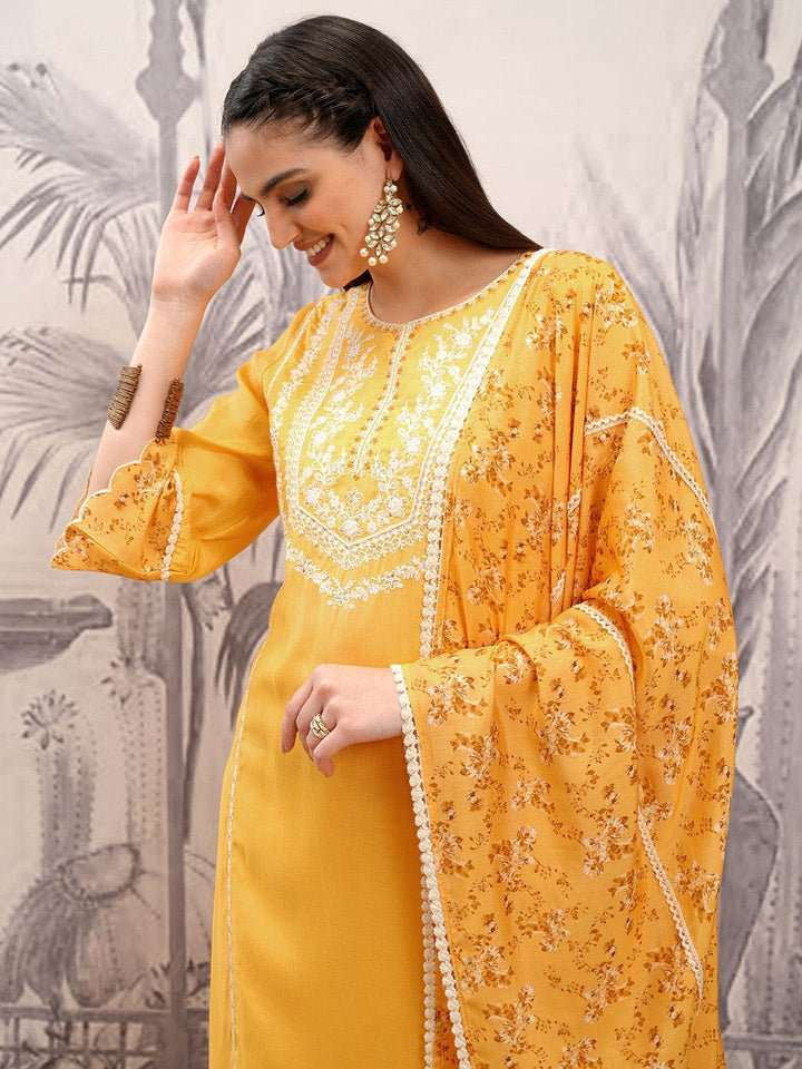 Vishudh Mustard Embroidered Regular Thread Work Kurta with Trousers & Dupatta